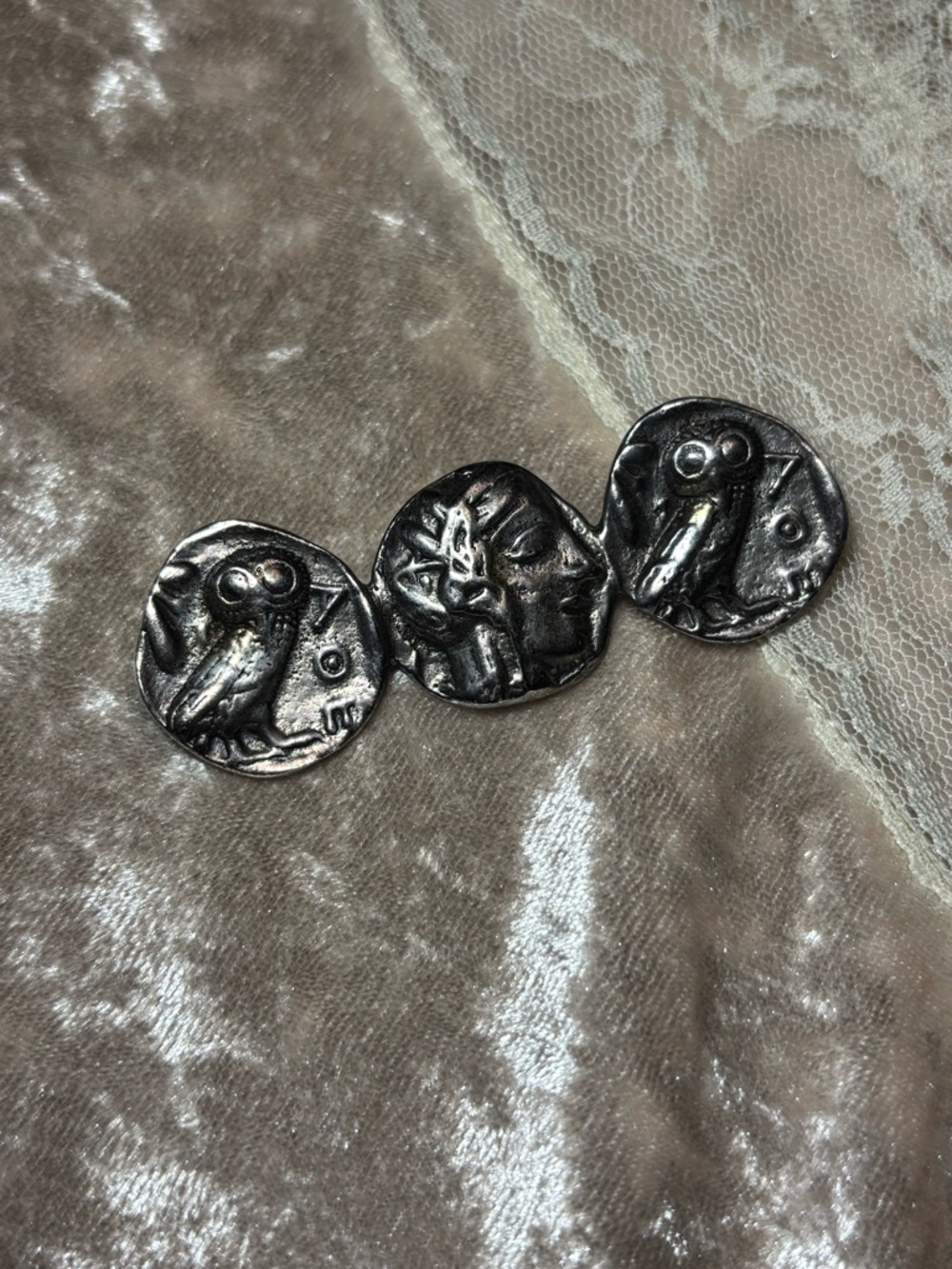 1960s/70s Alva Studios 3 Coin Greek Goddess Athena Pin Vintage Museum Jewelry